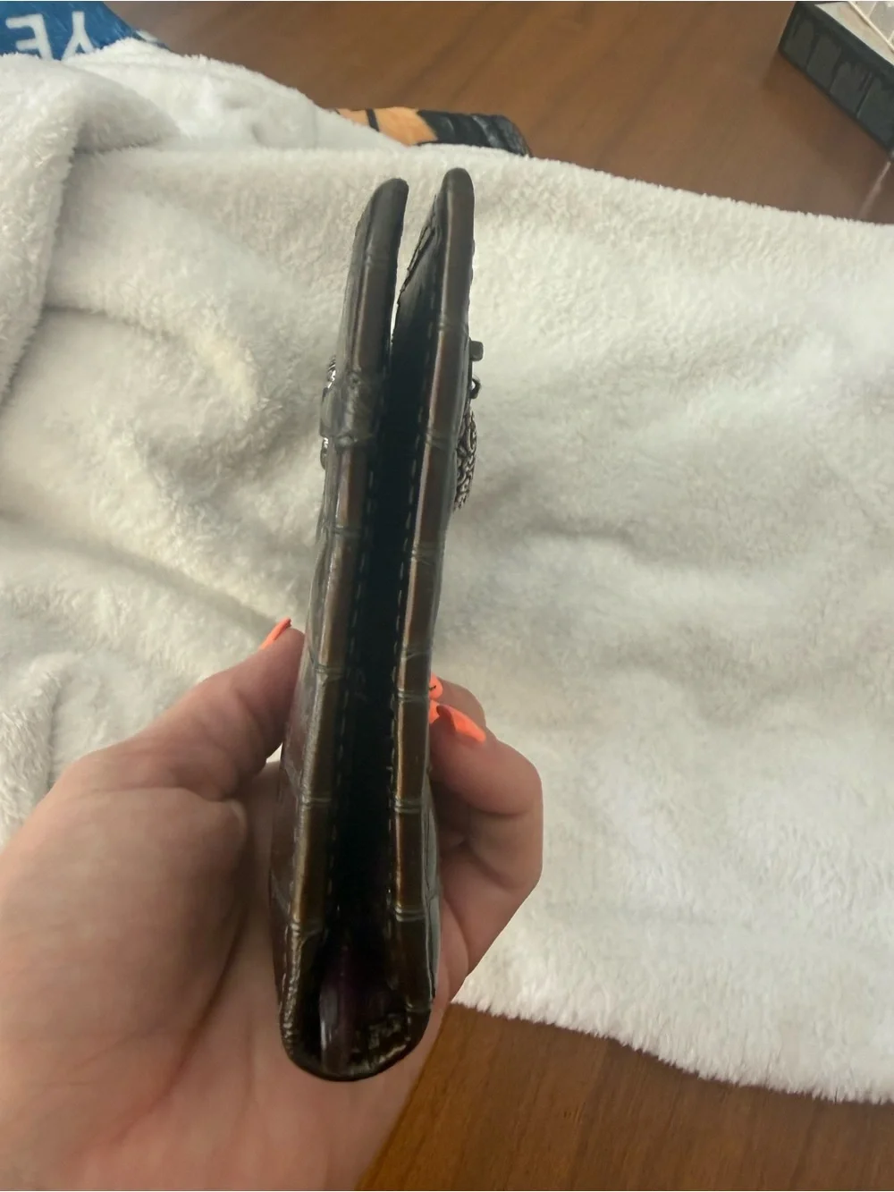 Brighton Black Glossy Croc-Embossed Wallet with Silver Ring Accent